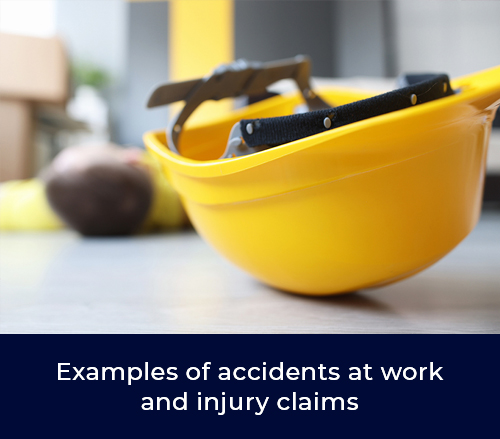 Slips, trips and falls, accident at work claim, yellow worker helmet on floor beside motionless construction worker. Accident during construction and renovation